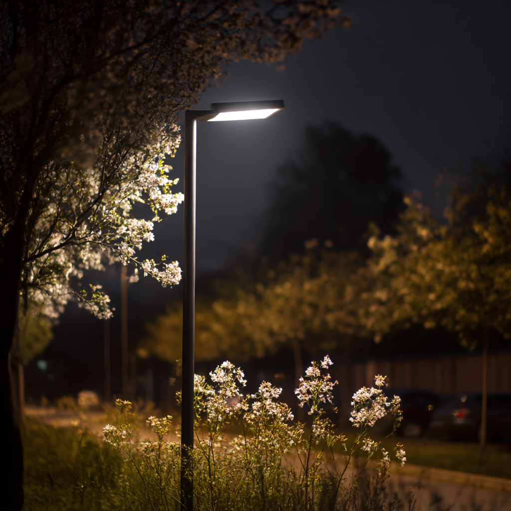 Poste de iluminação pública de design contemporâneo em área ajardinada ao anoitecer
