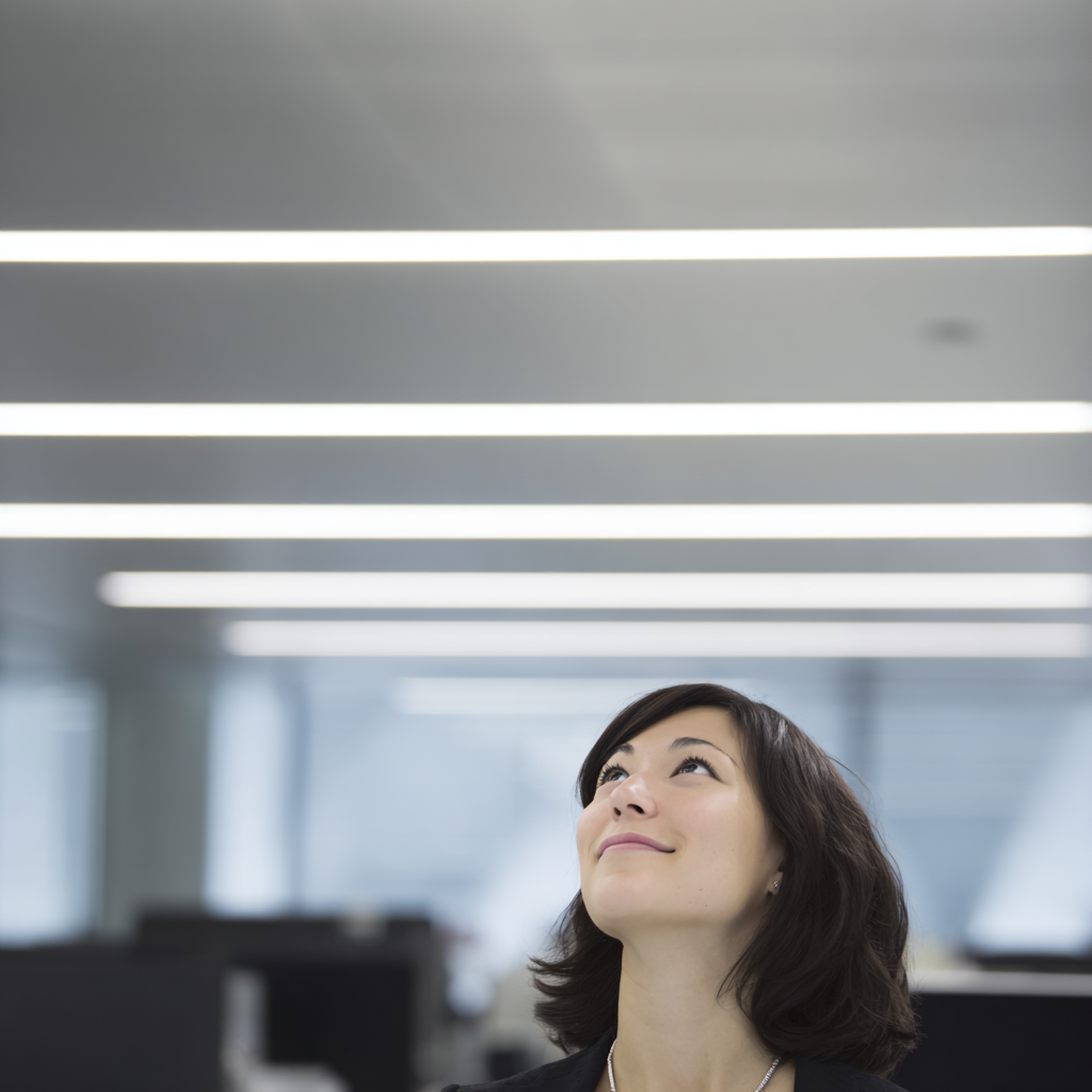Funcionária em ambiente de trabalho observando sistema de iluminação linear técnica no teto