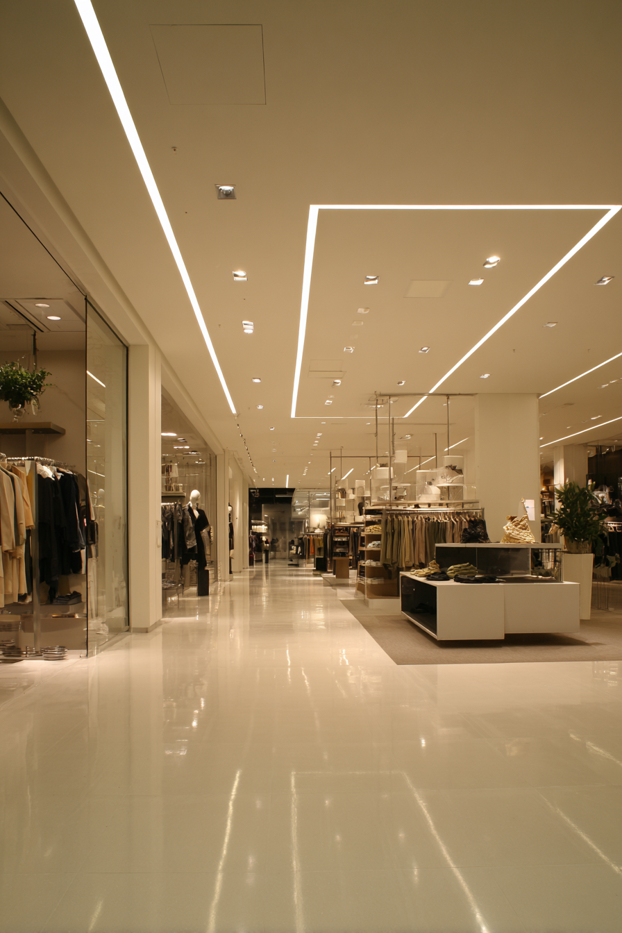 Loja de varejo com iluminação embutida no teto e trilhos de spots para ambientes comerciais